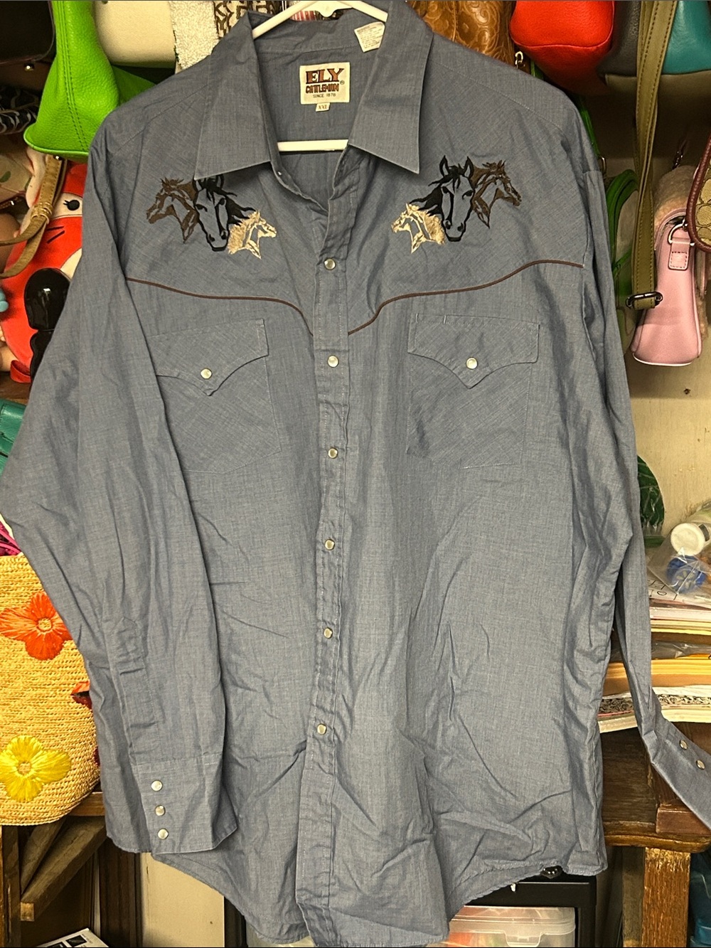 Ely Cattleman Blue Western Shirt Snaps with Embroidered StallionsMens‎ XXL
